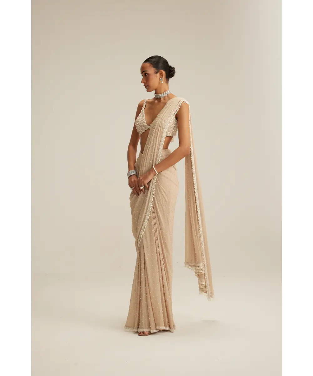 VVANI VATS- Light Beige Draped Saree Set